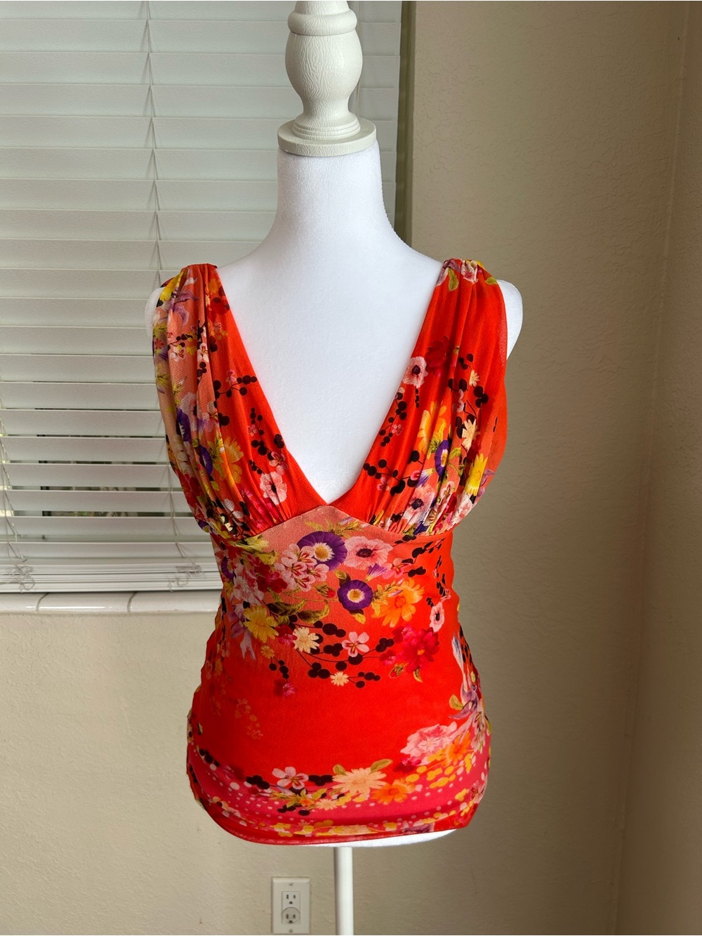 VINTAGE Fuzzi by Jean Paul Gaultier Mesh top in bold orange floral - size M
